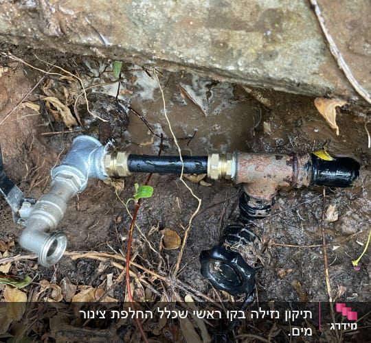 ברז מתכת עם צינור מחובר באדמה רטובה